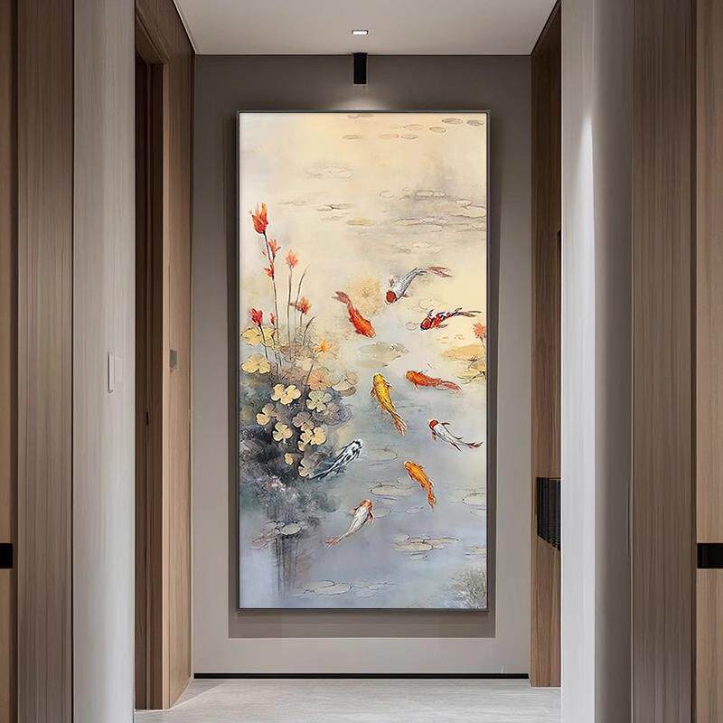 纯手绘九鱼图玄关装饰画大芬村油画现代轻奢入户楼梯走廊过道挂画