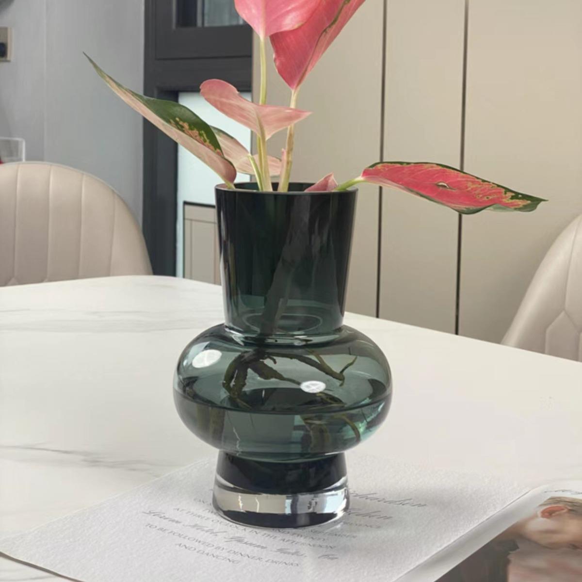 HJM-轻奢北欧墨绿色玻璃花瓶高端家居客厅样板房插花水培装饰摆件