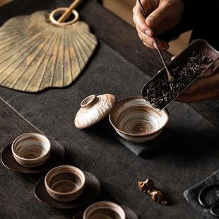 复古陶瓷泡茶碗家用功夫茶具敬茶碗单碗 粗陶粉引侘寂二才盖碗日式