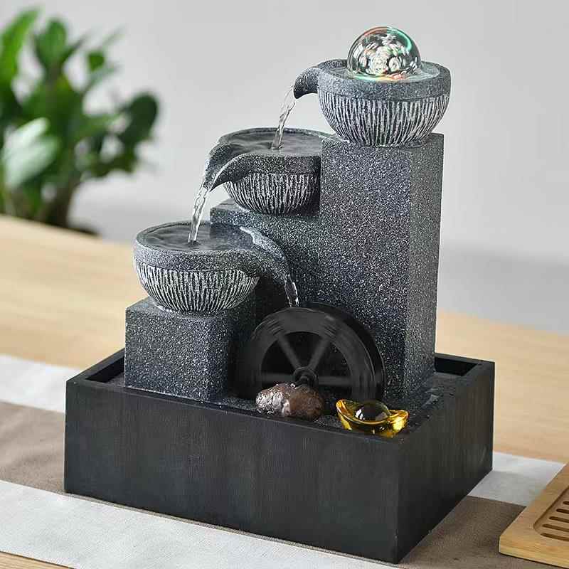 简约现代风格树脂桌面摆件 水流循环喷泉加湿器风水轮 客厅书房办