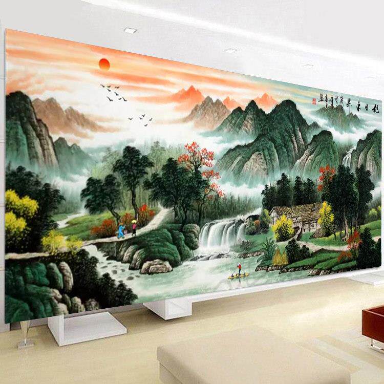 十字绣旭日东升新款水墨版风景山水客厅挂画绣好的满绣成品出售