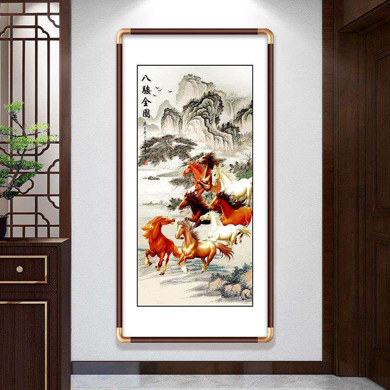 入户进门墙新中式玄关装饰功画马到成八骏图客FUP厅走过挂道实廊