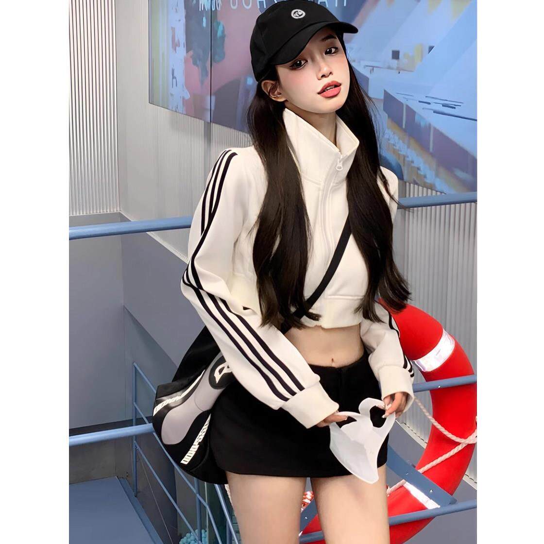 日系立领条纹外套女早春新款港味chic盐系棒球服宽松百搭短款上衣