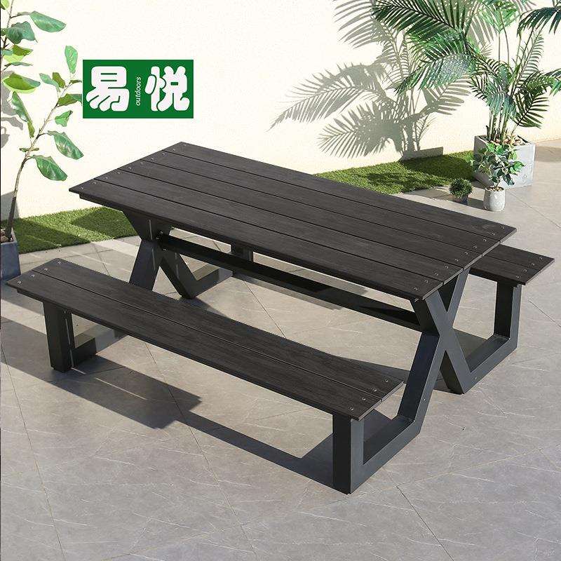 户外连体桌椅带伞室外公园庭院铁艺桌椅景区长凳塑木休闲桌椅组合