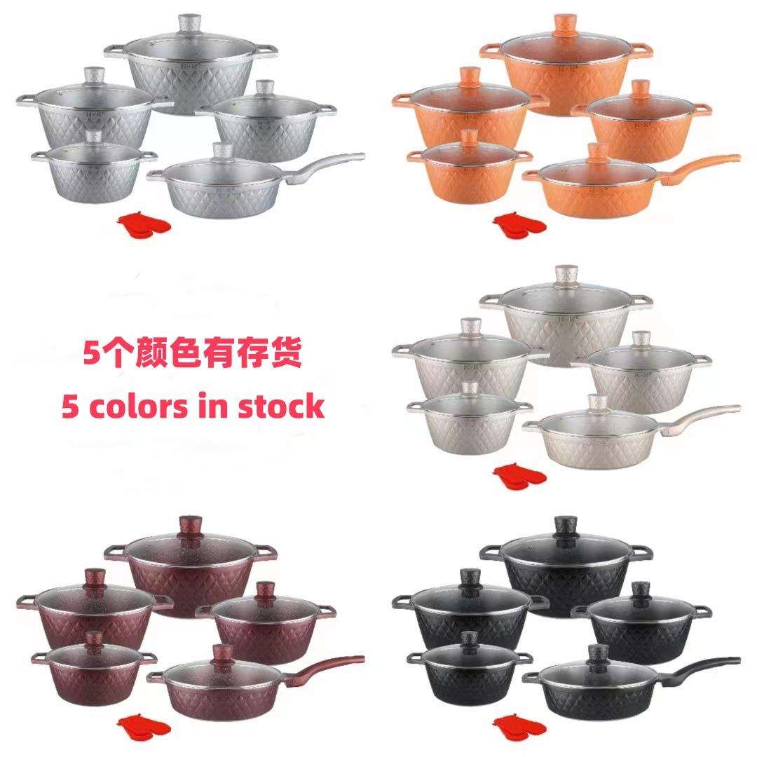 HK网纹12件套6件套件套不粘锅大理石套锅麦饭石锅压铸锅套装