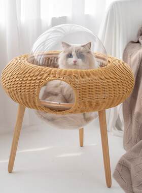 四季通用草编猫吊篮透明太空舱飞碟藤编猫窝手工编织宠物猫咪用品