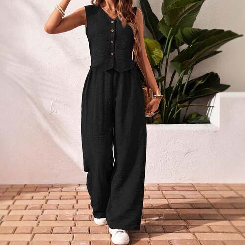 Women Color Tank Leg Pants Two Set Suits Casual Sleeveless V