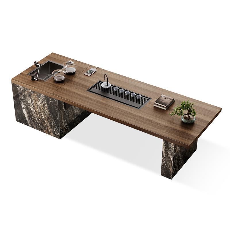 正品现简代约端岩板茶桌一桌五椅办公室茶台轻泡茶台带高水盆茶桌