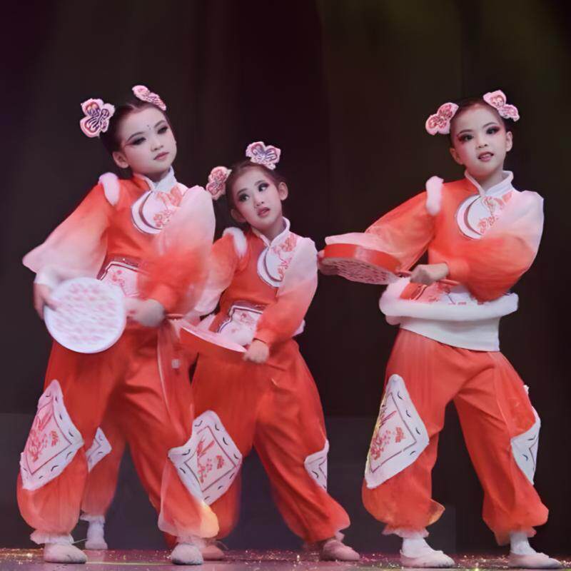 太平女儿鼓舞蹈服儿童元旦拜年表演服中国风开门红喜庆打鼓演出服