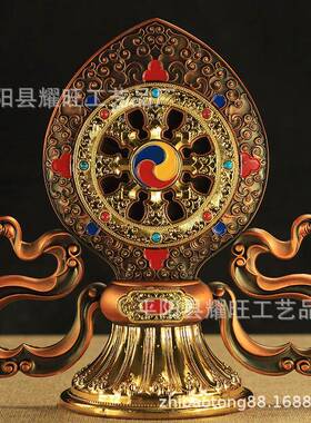 特大铜合金彩绘镀金双鹿法轮宝堂供具摆件法器小号