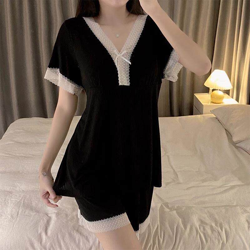 2026新款短袖睡衣女夏天薄款冰丝女士带胸垫蕾丝花边家居服套装
