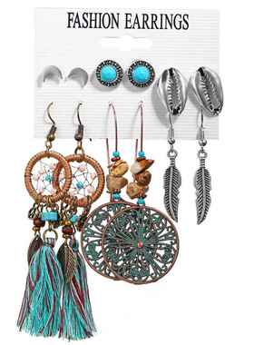 earrings women Set 6 pairs镂空耳钉6对套装 叶子羽毛覆古耳环女