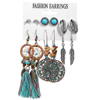 earrings women Set 6 pairs镂空耳钉6对套装 叶子羽毛覆古耳环女