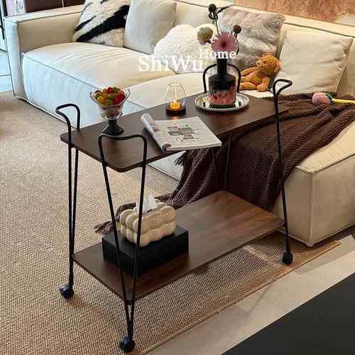 简约北欧小推车实木边几置物架沙发可移动茶几铁艺餐车中古客厅