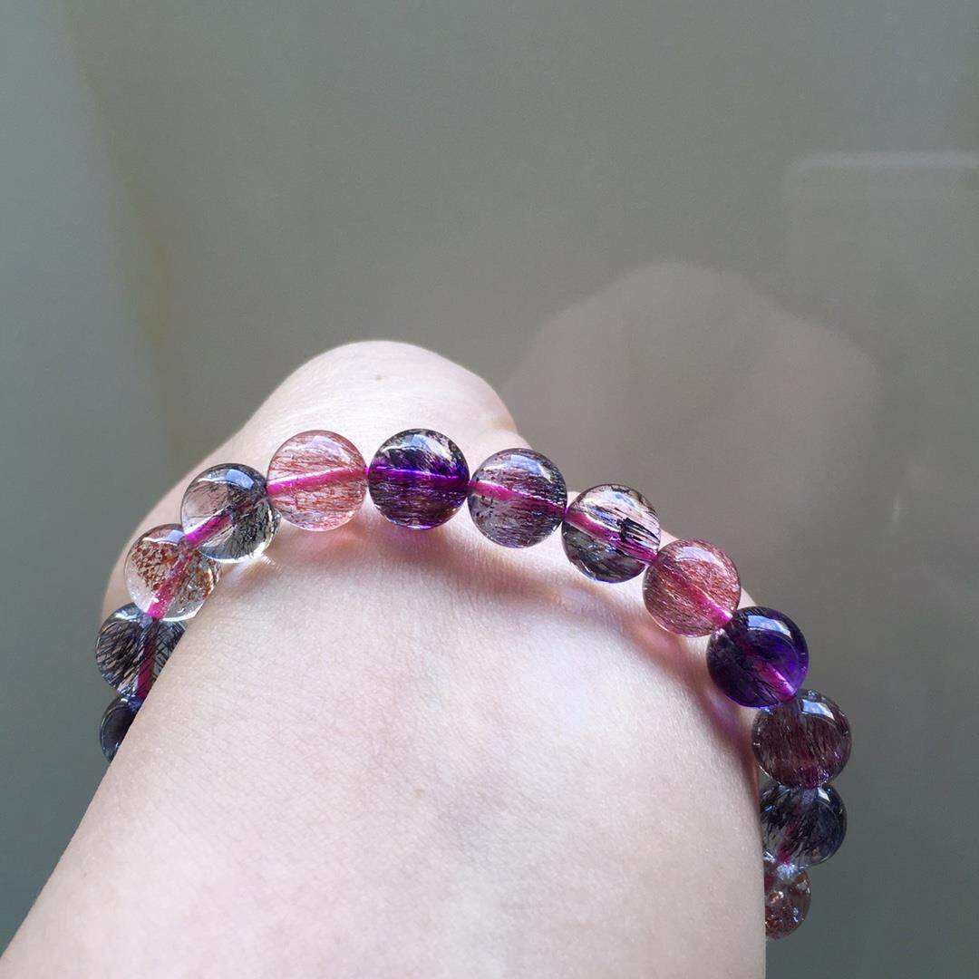 天然超七云母手链金草莓晶紫红黑发晶圆珠手串珠链串规格9mm左右
