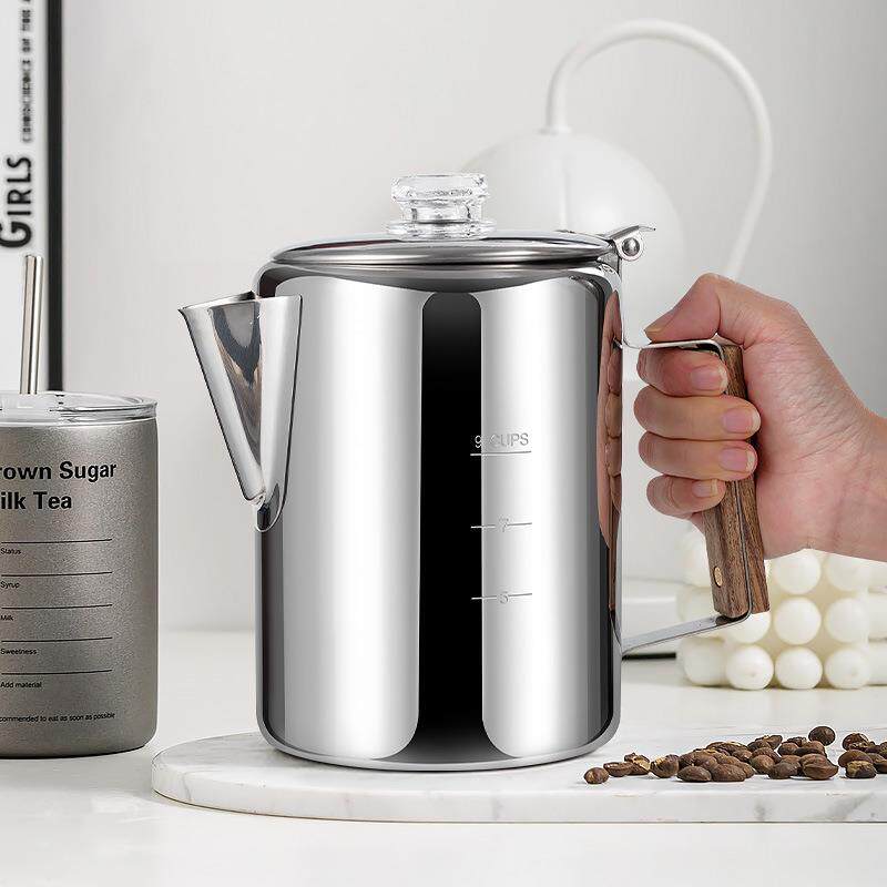 美式蒸煮式9杯不锈钢户内户外咖啡壶 不锈钢野营便捷烧水壶咖啡壶