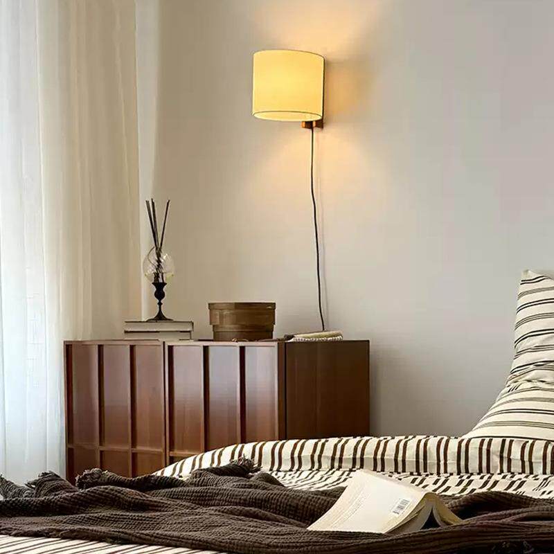 中古风氛围卧室壁灯西班牙实木入户玄关过道布艺温馨书房禅意壁灯