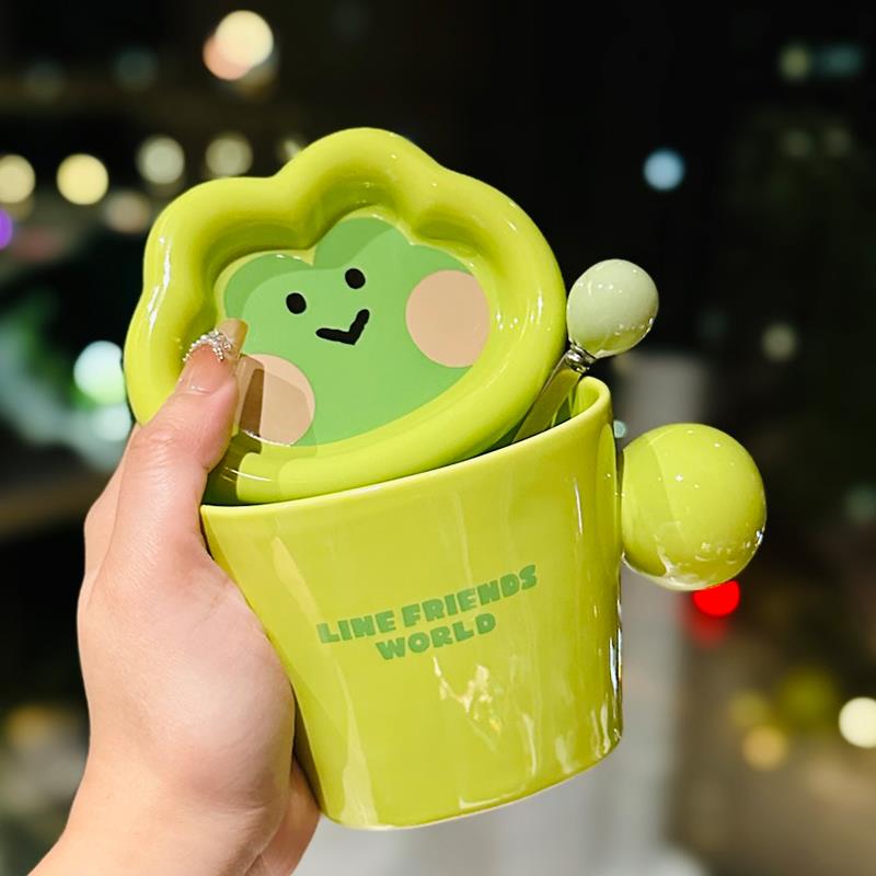 卡通创意陶瓷水杯家用高颜值咖啡杯马克杯可爱牛奶燕麦杯子带盖勺