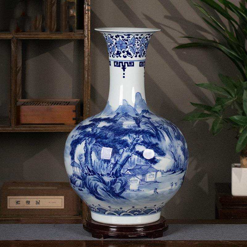 手工绘画陶瓷花瓶摆件景德镇青花瓷山水瓷瓶60公分家居办公桌梅瓶