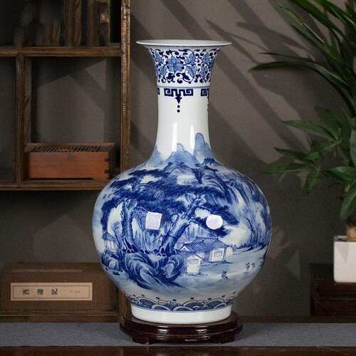 手工绘画陶瓷花瓶摆件景德镇青花瓷山水瓷瓶60公分家居办公桌梅瓶