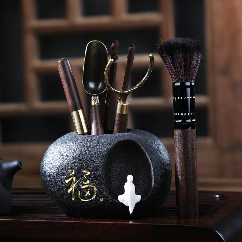 紫砂茶道六君子套装黑檀实木功夫茶具配件六件套泡茶工具茶夹笔筒