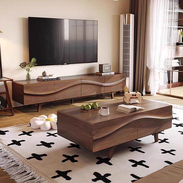 实木茶几电视柜组合客厅家用复古法式中古风胡桃色木纹实木茶桌