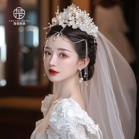 韩式人造珍珠新娘头饰唯美简约时尚额饰耳环婚礼造型拍照套装
