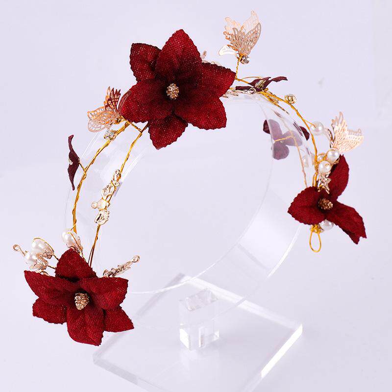 敬酒服头饰新娘红色头花发箍三件套新款简单大气结婚纱礼服发饰品