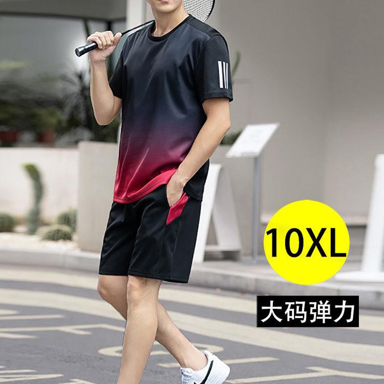 男士跑步速干休闲运动套装男夏季薄款加肥加大码短袖两件羽毛球服