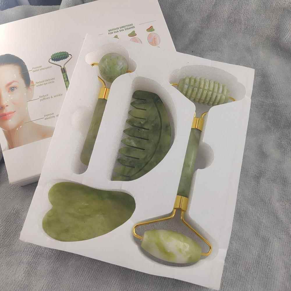 玉石梳子岫玉刮痧板天然玉石滚轮按摩器套装 脸部面部头部按摩梳