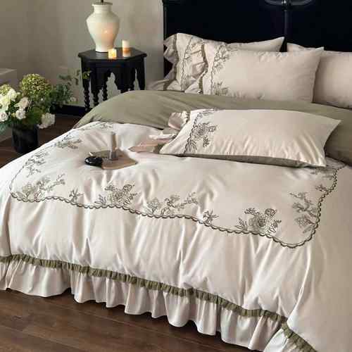 秋冬保暖田园风全棉磨毛四件套刺绣韩式花边被套床单床品