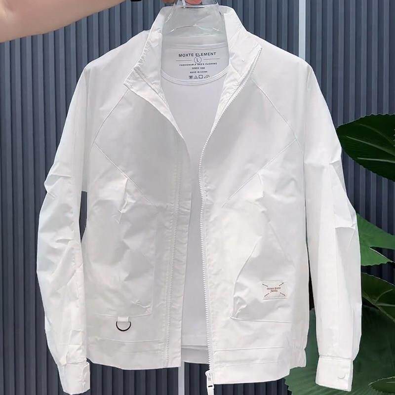 白色夹克男春季薄款上衣纯色百搭时尚外套休闲 都市气质立领外套
