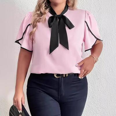Large size color blocked lace up shirt for chubby girls,