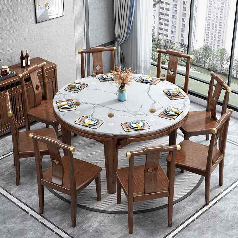 ?470餐桌+岩板折胡叠餐桌新中式实木伸缩餐桌椅合桃组小木户型家