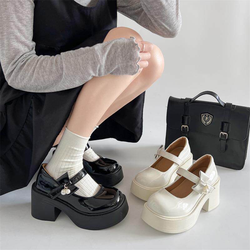 黑色复古圆头厚底小皮鞋女2026新款春秋百搭配裙子高跟玛丽珍单鞋