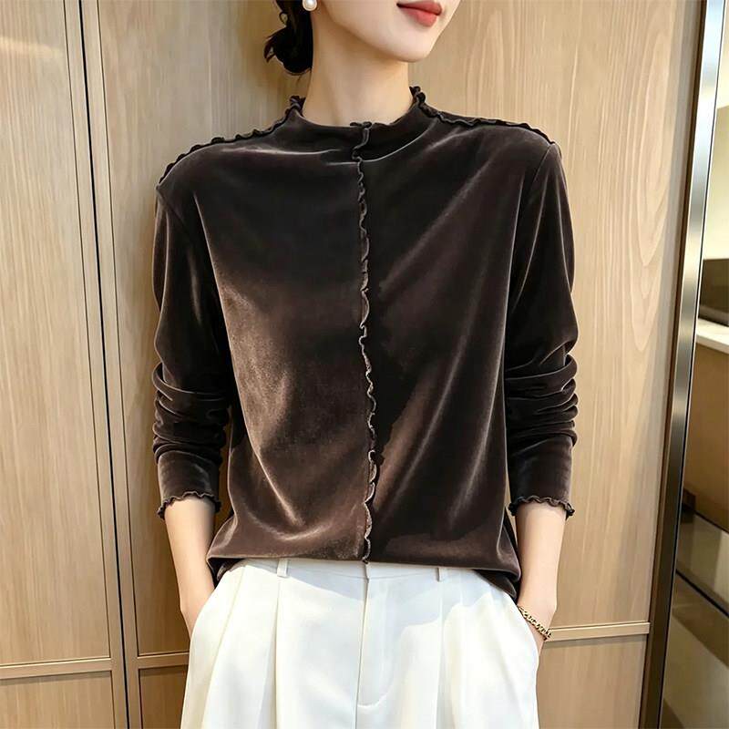 轻熟小众咖色立领长袖T恤女2026秋季新款内搭打底衫时尚休闲1018e