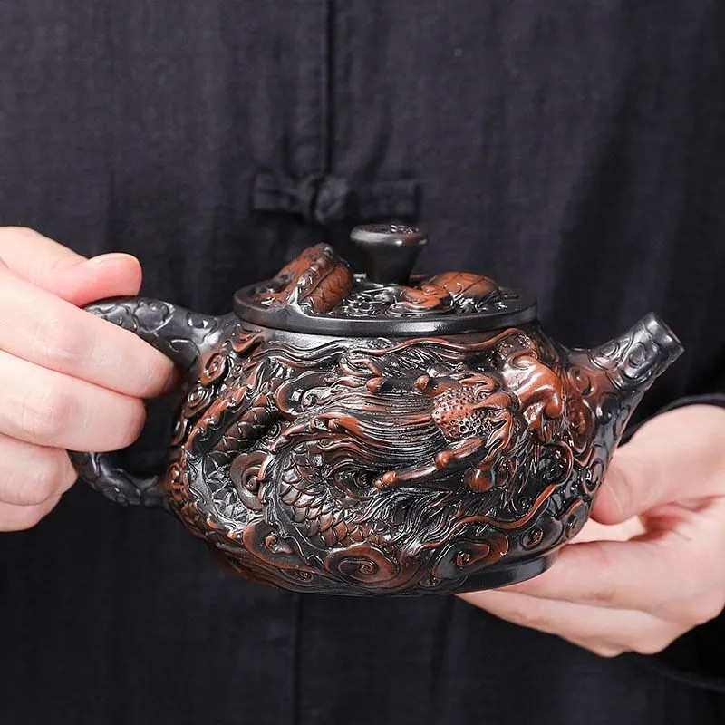 紫壶壶雕刻泡茶茶壶高档立体手工功夫泥满原矿大容量祥壶雕龙茶具