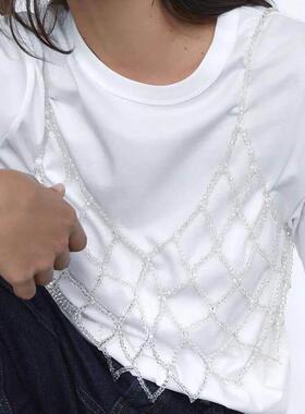 Handwoven pearl necklace, crystal body chain, crystal vest b
