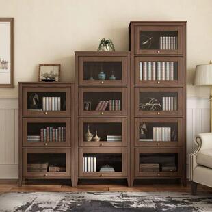 美式实木书房小书架家用办公带门多层书柜北欧收纳储物柜置物橱柜