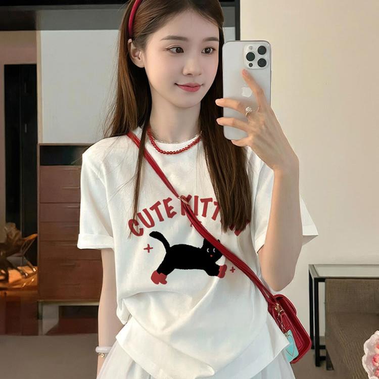 白色正肩纯棉宽松短袖t恤女夏2025新款独特漂亮超好看上衣慵懒风