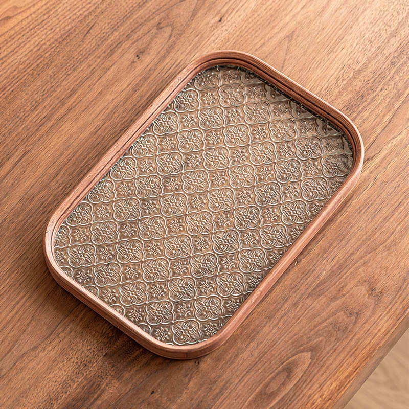 厂家海棠花竹质托盘长方形家用茶点盘果盘中式玻璃茶盘茶杯收纳盘