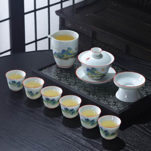 国潮风陶瓷功夫茶具套装三才盖碗家用商务礼品套装活动奖品小礼品