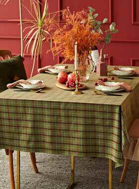 高档蜡蜀笔派方匹斯堡格子桌布高复古绿色节日端氛围绣餐桌形盖布