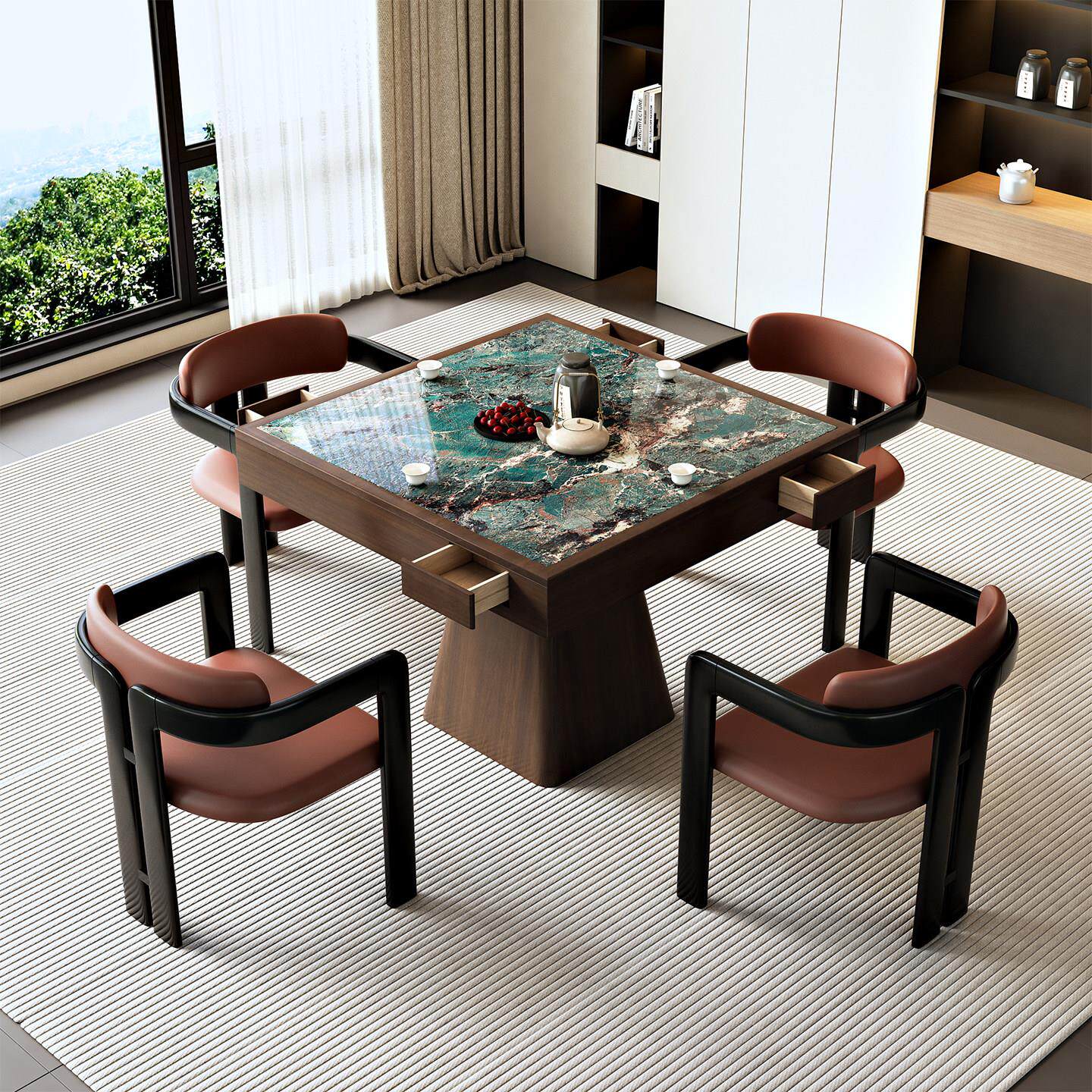新中式岩板棋牌桌椅组合掼蛋专用桌实木八仙桌正方形四方桌餐桌