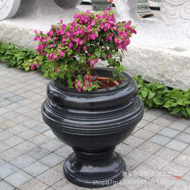 厂家直销花岗岩石雕花盆欧式简约黑色 广场庭院公园精美石头花钵