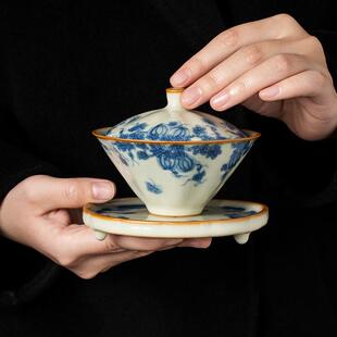 汝窑西瓜纹斗笠三才盖碗防烫家用功夫茶具茶杯大容量陶瓷泡茶碗