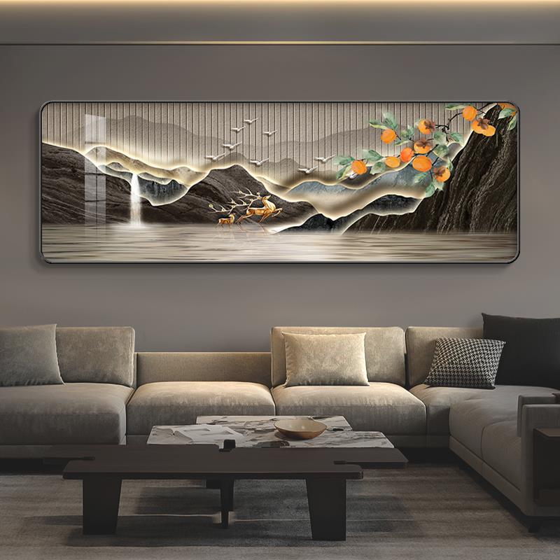 新中式客厅侘寂风灯装画沙饰发背景挂画侘寂风鹿客松壁灯麋卧室迎