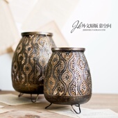 蜡烛烛台风灯摆件 复古黑金做旧铁艺镂空雕花套装 美式 欧式