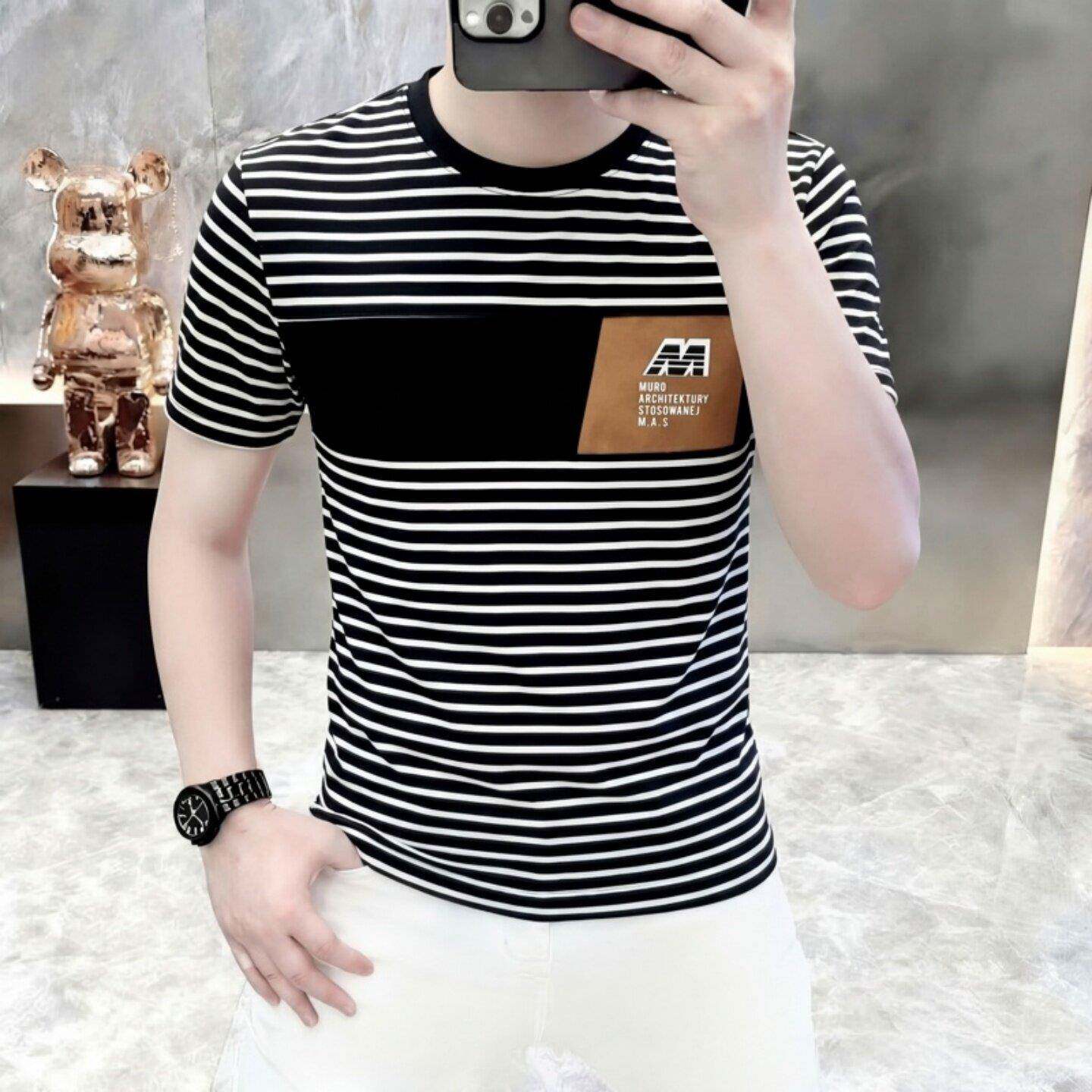 高端条纹纯棉t恤男短袖2026新款夏季潮流印花体恤圆领修身半截袖