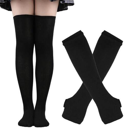 Womens Striped Knee High Socks Stretchy Gloves Set Thumb Hol